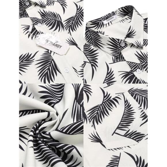 Men's Casual Button Down Shirt Long Sleeve Linen Chambray Shirt, White Printed - Picture 5 of 6